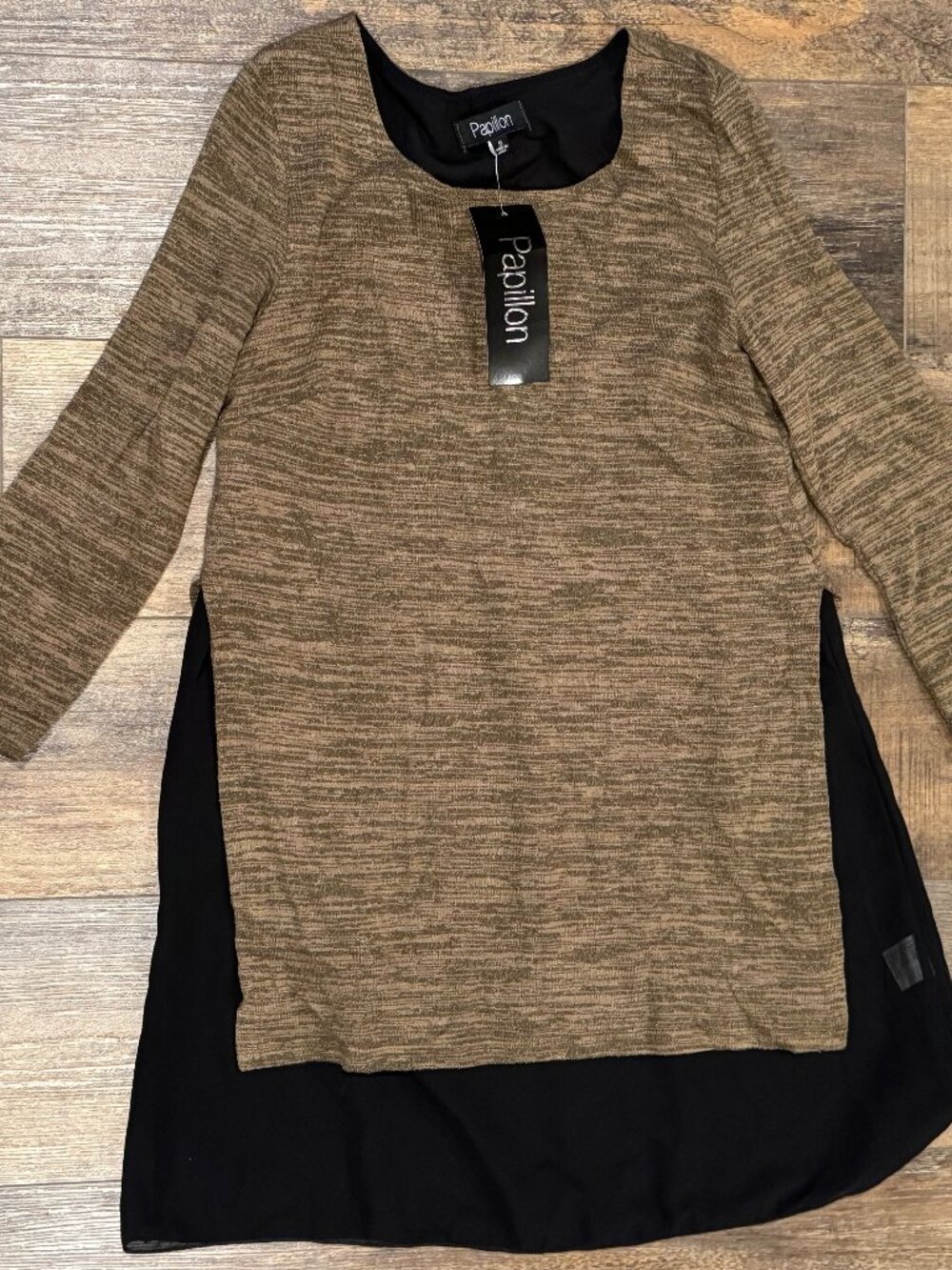 NWT Papillion Tunic Sweater Layered Size Small Khaki Brown